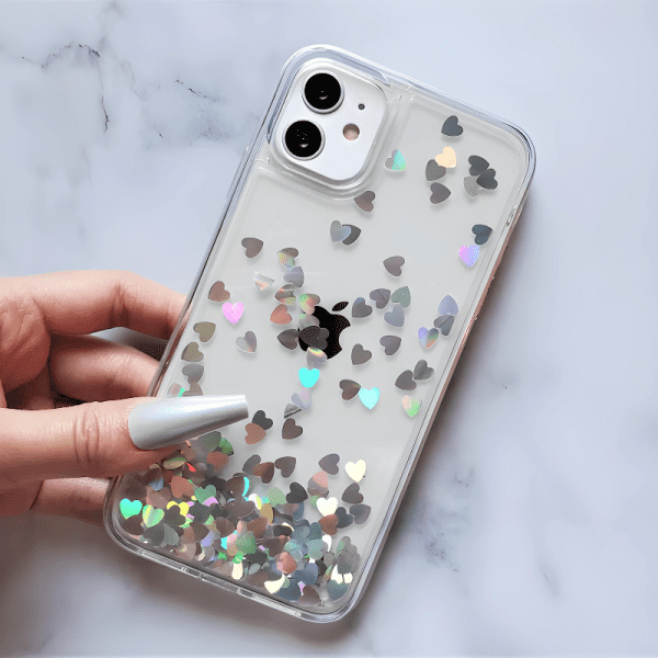 Glitter iPhone 12 Case - Silver Heart