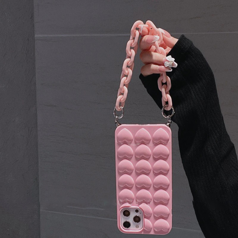 3D Love Heart Phone Case With Chain