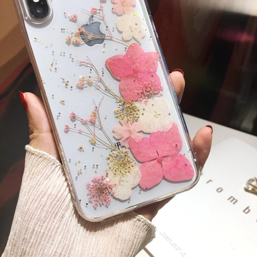 Glitter Pressed Pink Flowers iPhone Xs Case