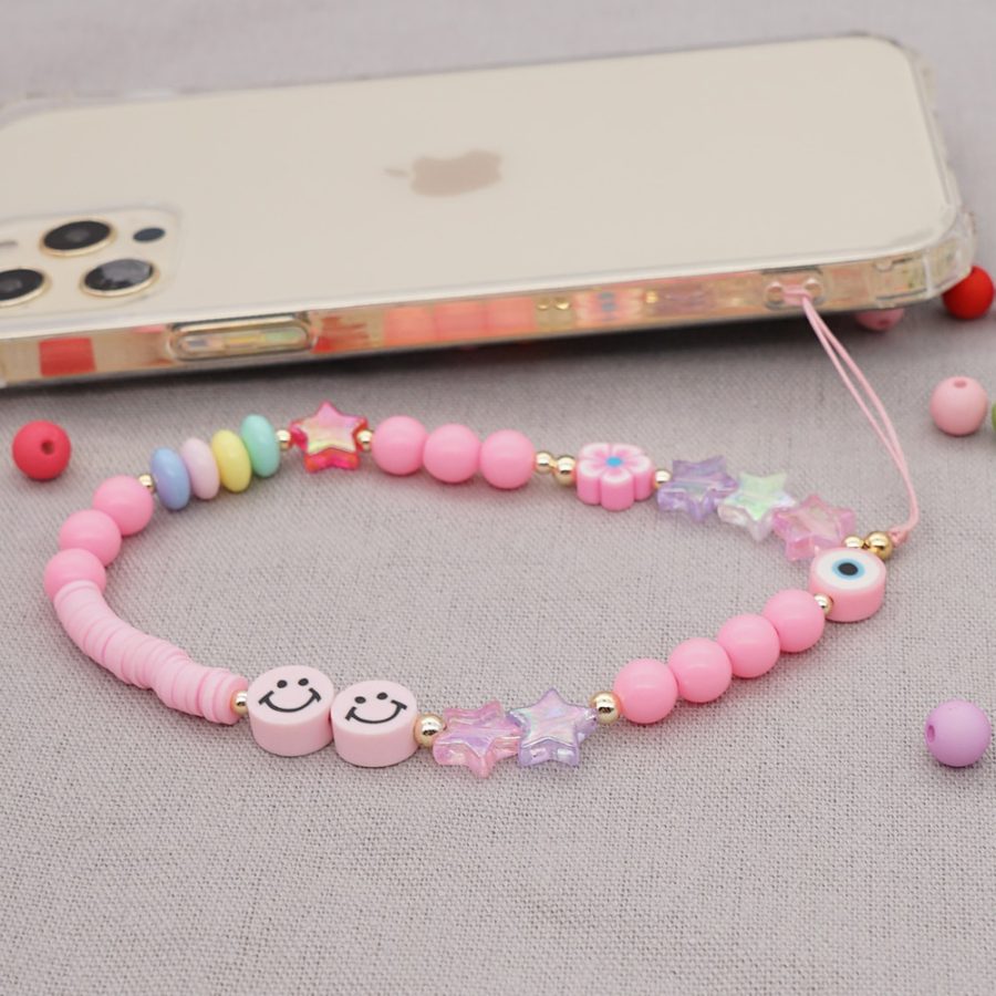Pink Smiley Beaded Phone Charm