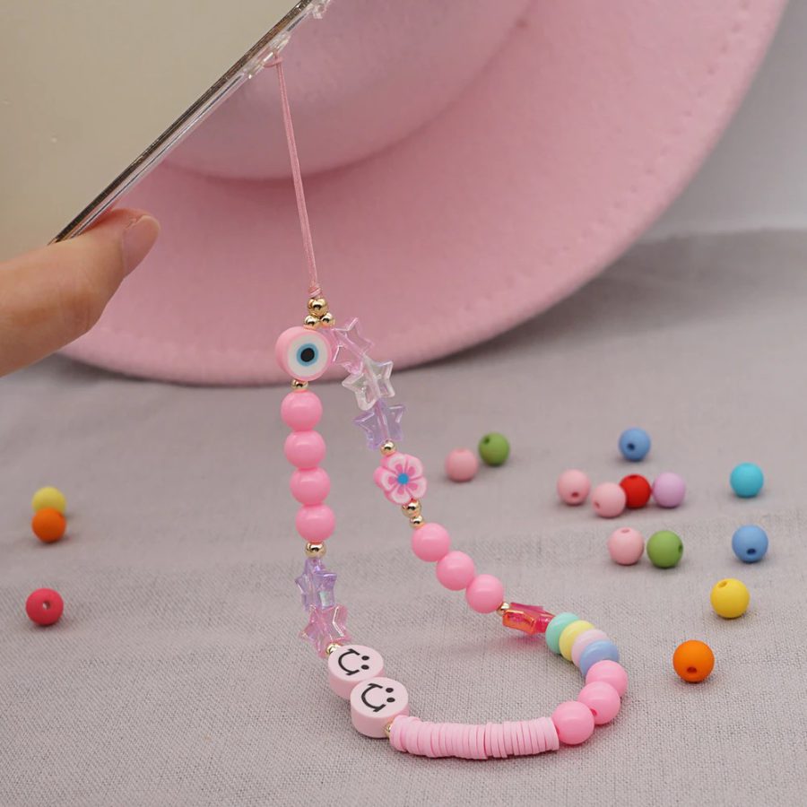 Pink Smiley Beaded Phone Strap