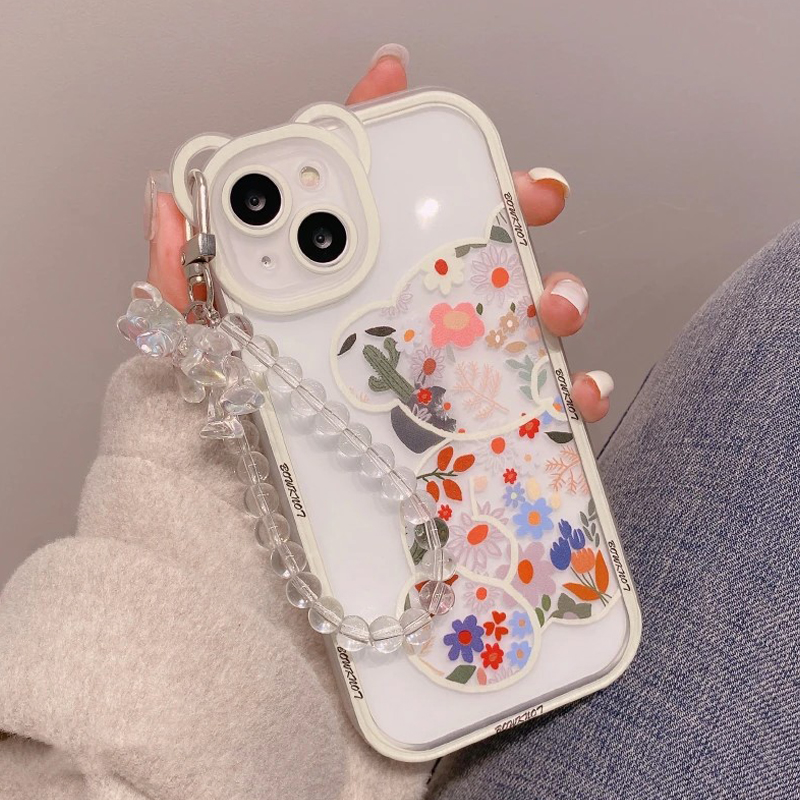 3D Clear Bear Flowers iPhone Case