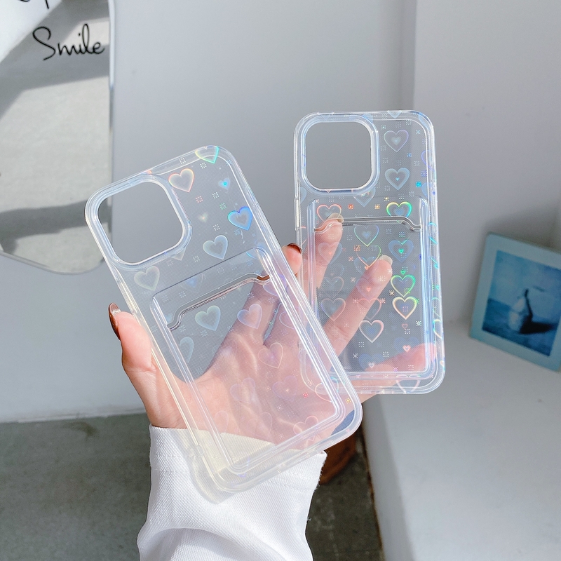 Holographic Hearts iPhone Case with Card Holder