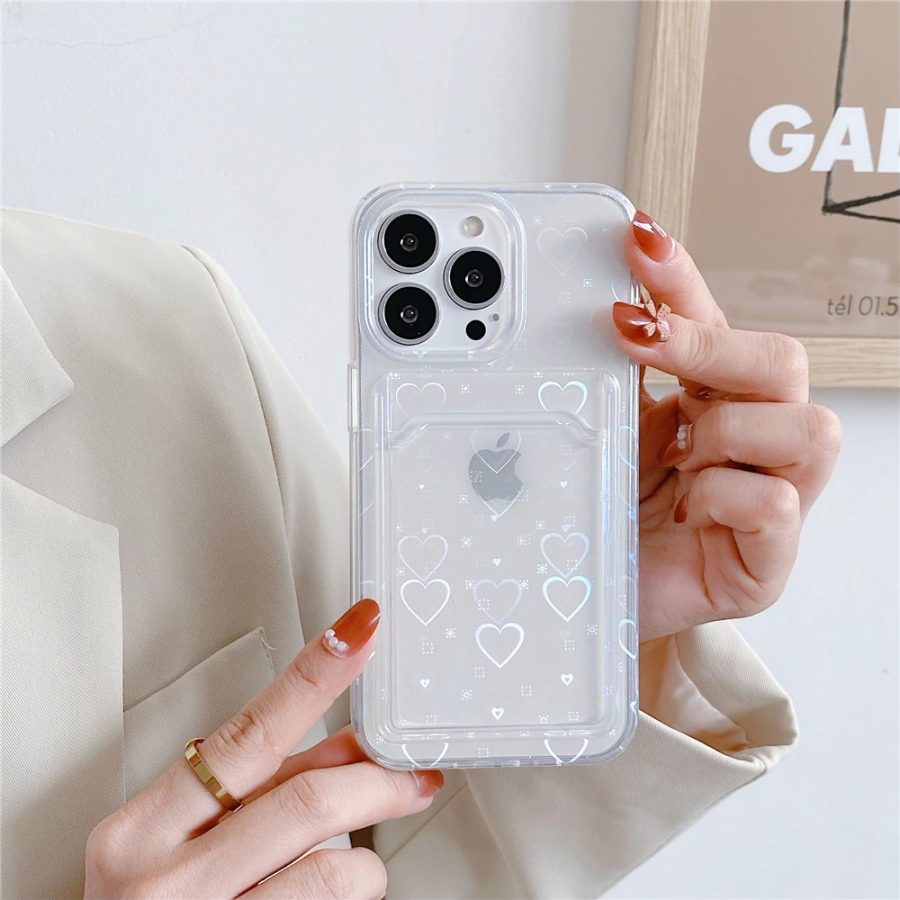 Holographic Hearts iPhone 14 Pro Max Case with Card Holder