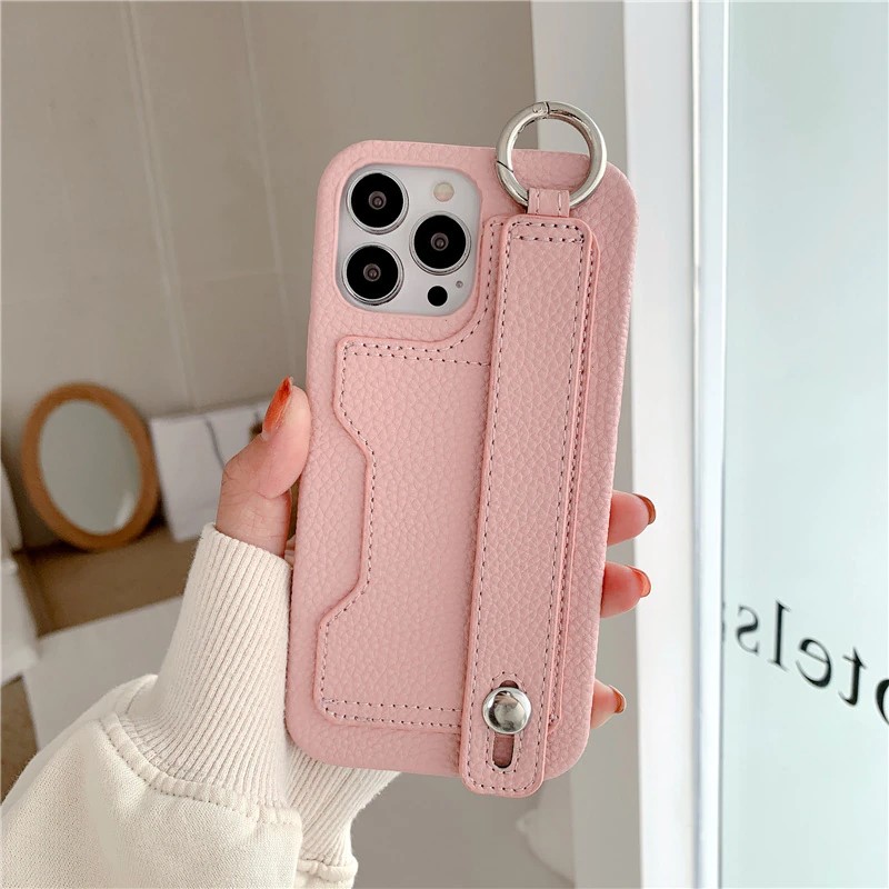 Pink Leather iPhone Case With Wrist Strap