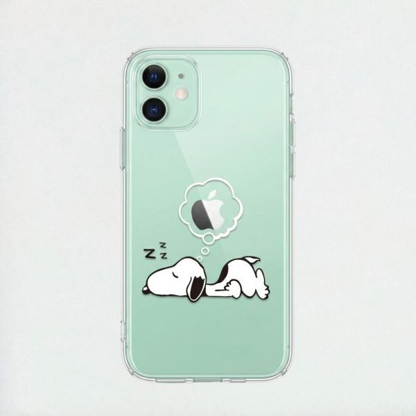A clear iphone 12 case showcasing Snoopy dreaming an apple