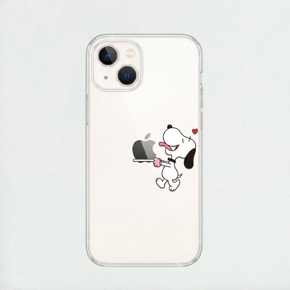 A clear iPhone 15 case showcasing Snoopy serving apple
