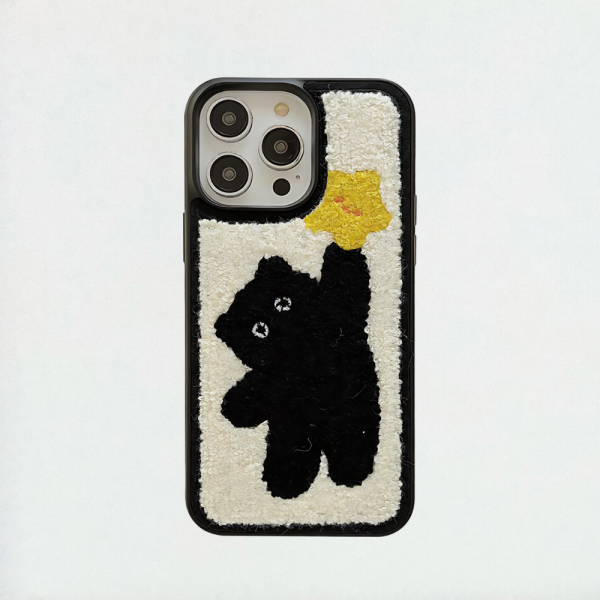 Black Plush Cat Phone Case iPhone 15 Pro Max