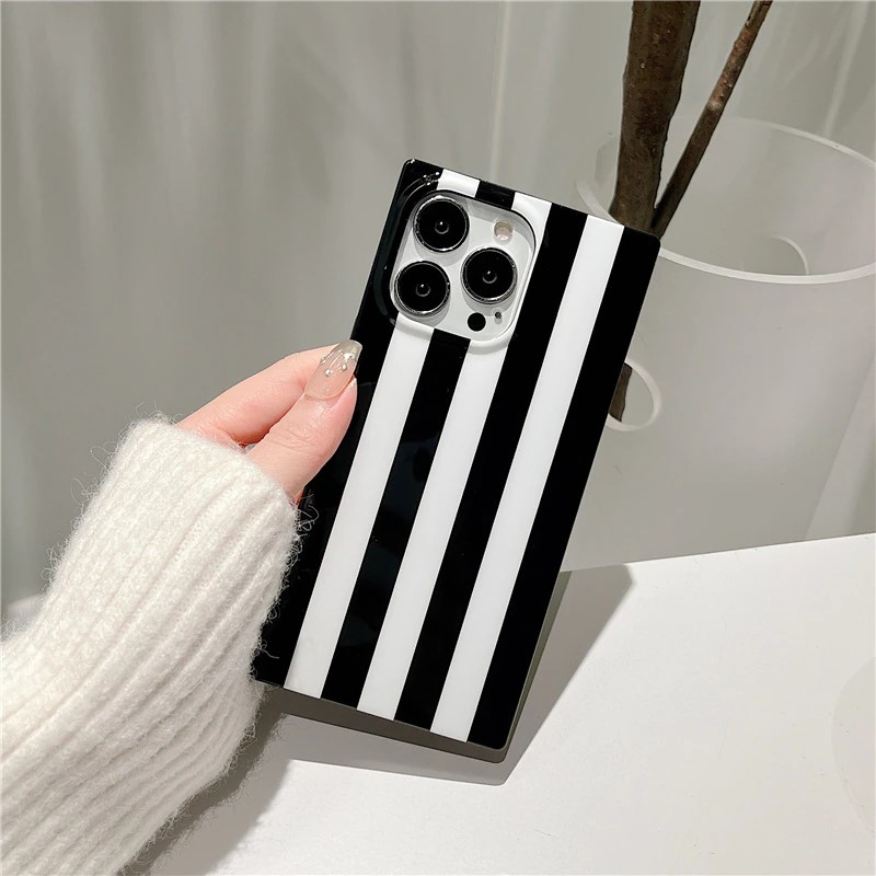 Black and White Striped Square iPhone 14 Pro Max Case
