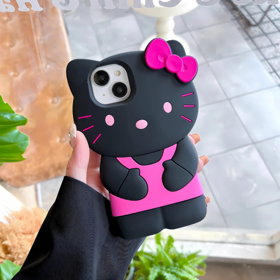 3D Hello Kitty iPhone 15 Case - Black Color