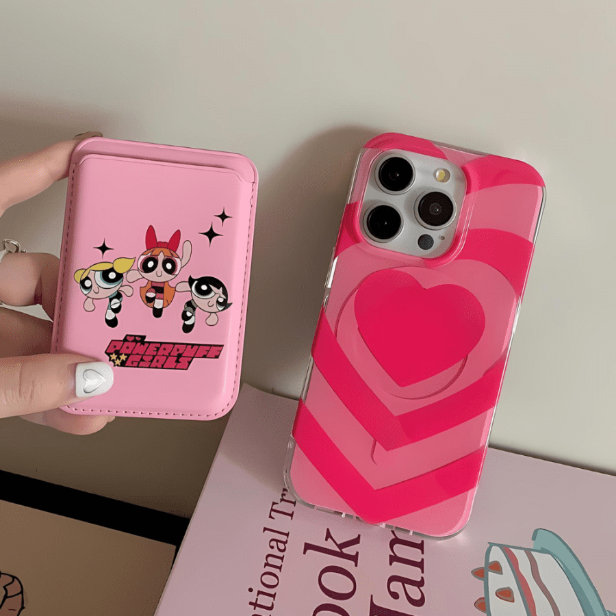 Pink iPhone 15 Pro Max Case With Powerpuff Girls Wallet