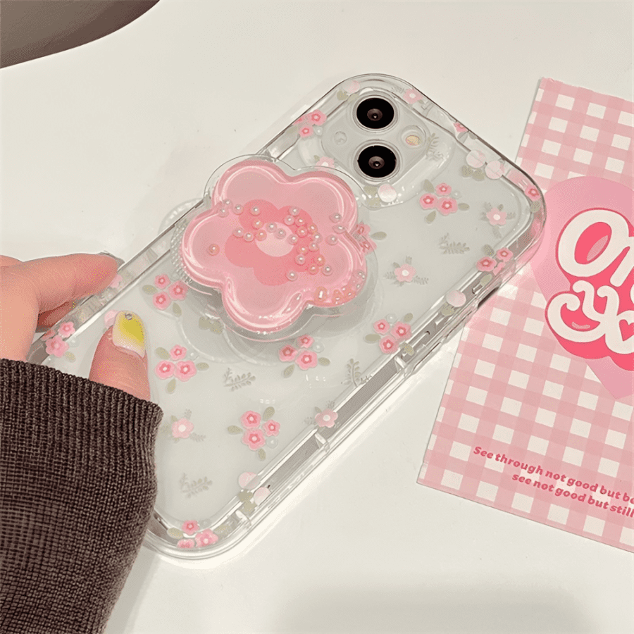 Pink Flower Phone Case With Phone Grip