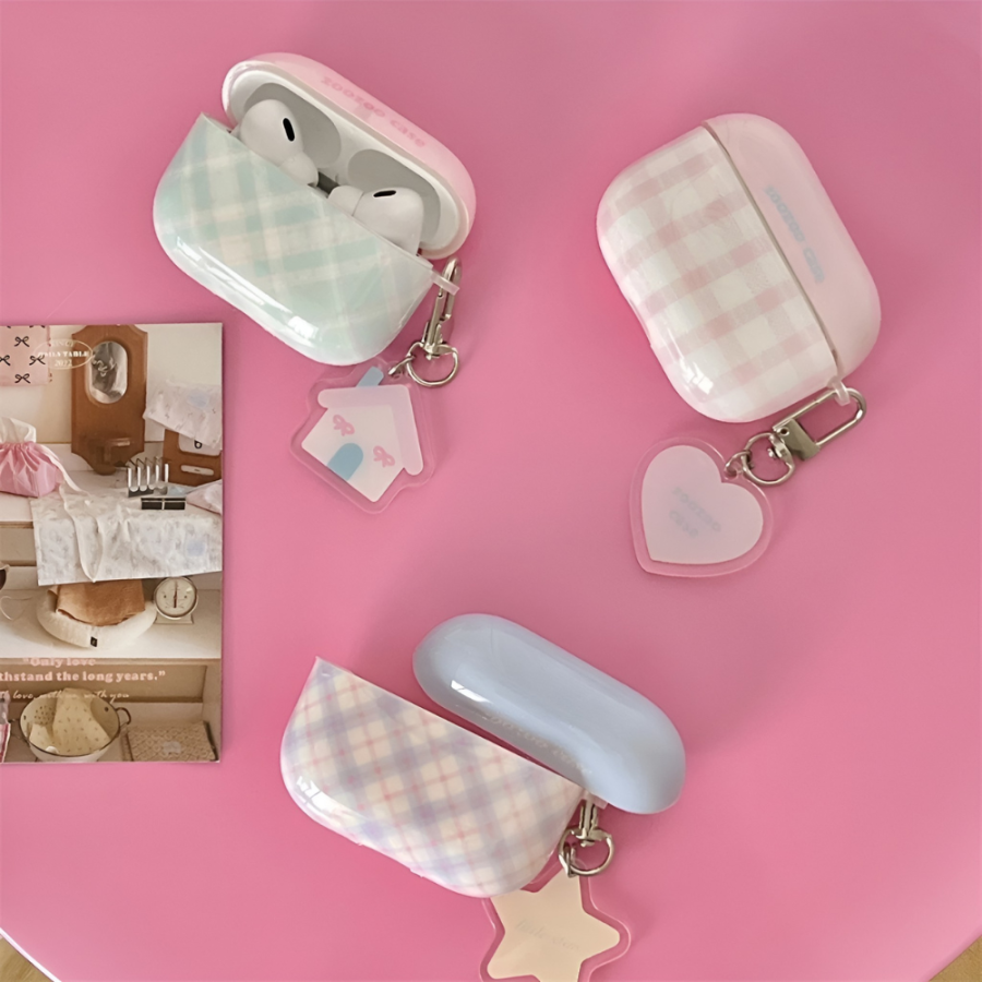 Cute Pastel Gingham AirPods Case with Charm