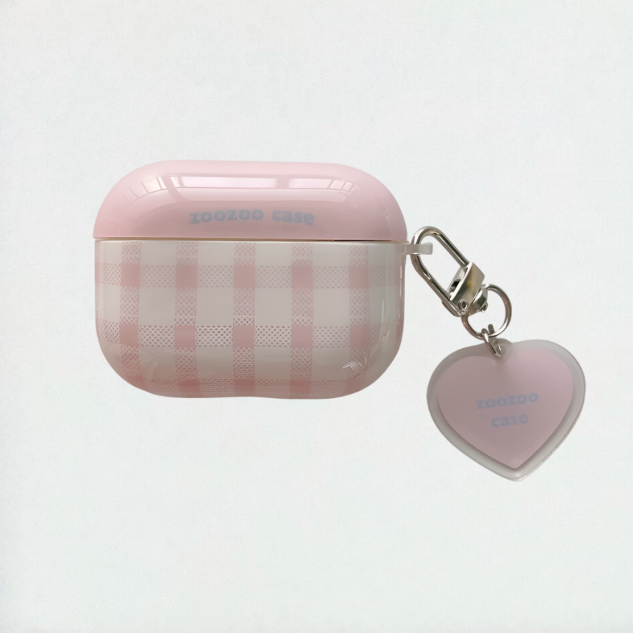 Cute Pink Gingham AirPods Case With Heart Charm