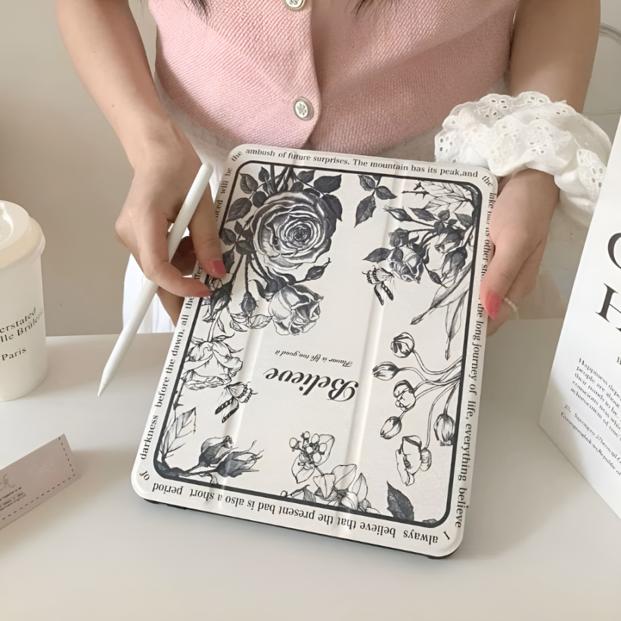 Black & White Flowers illustration iPad Case