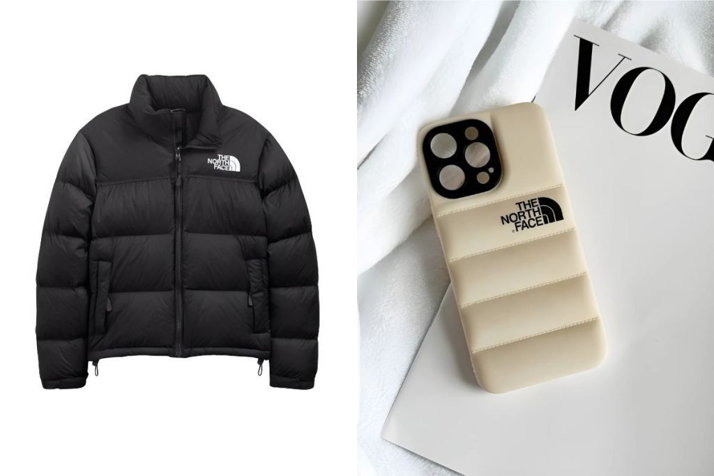 A North Face puffer jacket side-by-side with the Puffer iPhone Case