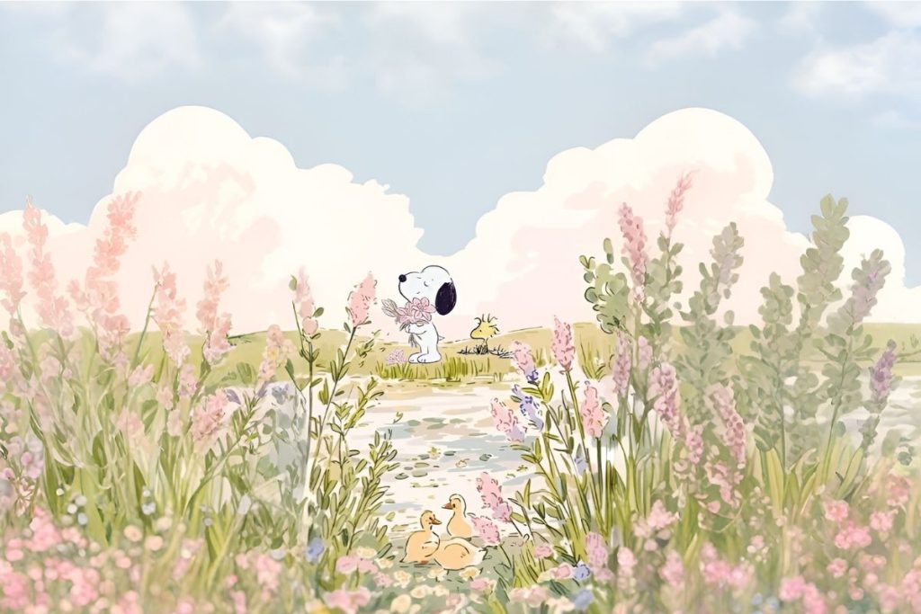 Snoopy among flowers wallpaper