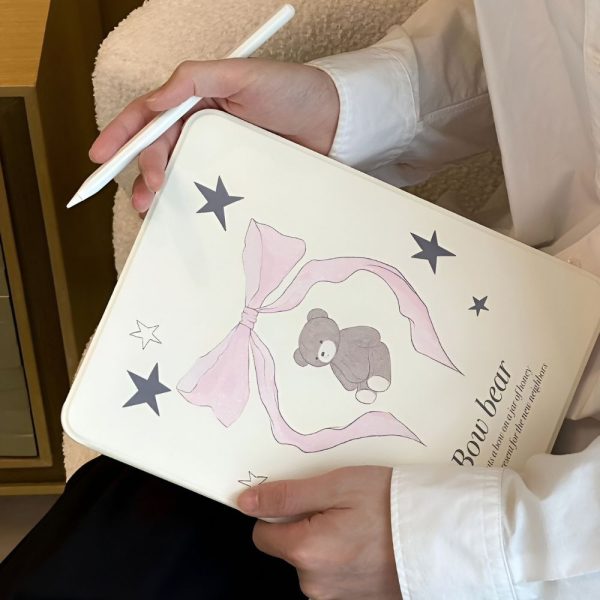 cute pink bow brown bear ipad case holding on hands