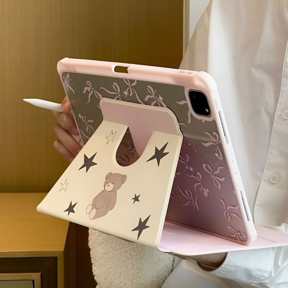 cute bow bear ipad case in stand position with tri fold cover