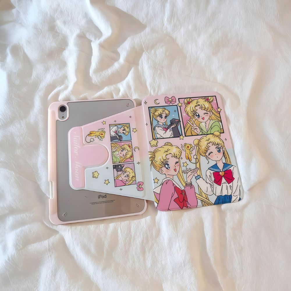 Back view of pink anime girl iPad case opened, featuring pastel manga-style collage design
