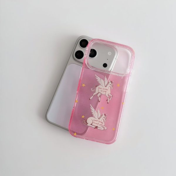 Cute pink unicorn glitter Phone case with kawaii pegasus design and star details on a silver iphone 17 pro max