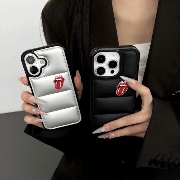 Tongue & Lips Puffer iPhone Cases holding on hands in black and metallic silver